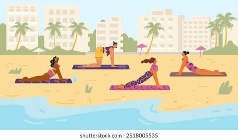 A group of people doing yoga on mats. Sandy beach, seashore. Hot, summer day. Healthy lifestyle. Active sports. Day off outside. Urban landscape. Horizontal banner. Vector illustration.