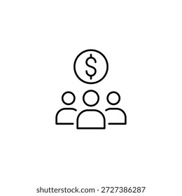 Grupo de pessoas e dólar. Custo compartilhado, pagamentos parcelados para uma assinatura. Negócios e local de trabalho. Pixel perfeito, ícone de vetor de traçado editável