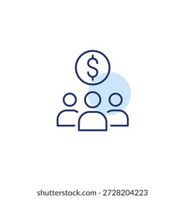 Grupo de personas y dólar. Coste compartido, pagos divididos para una Suscripción. Negocios y lugar de trabajo. Icono de Vector de trazo perfecto y editable
