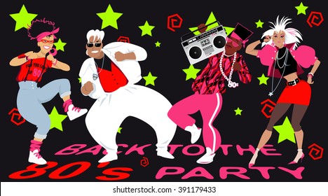 Group of people dressed in 1980s fashion dancing, EPS 8 vector illustration