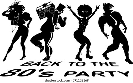 Group of people dressed in 1980s fashion dancing, black EPS 8 vector silhouette, no white objects