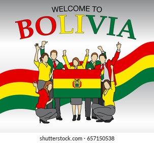 Group of people dressed in the colors of the Bolivia flag, waving with hands and holding the flag - Vector image