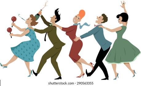 Group of people dressed in late 1950s early 1960s fashion dancing conga with maracas, party whistle and a bottle of campaign, vector illustration, no transparencies, EPS 8