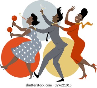 Group of people dressed in late 1950s early 1960s fashion dancing conga with maracas, party whistle and a cocktails, vector illustration, no transparencies, EPS 8