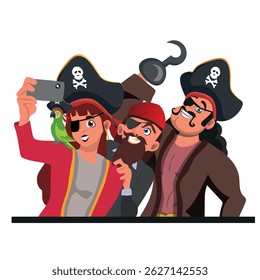 Group of people dressed as pirates taking a selfie, wearing carnival and costume party outfits, vector illustration.
