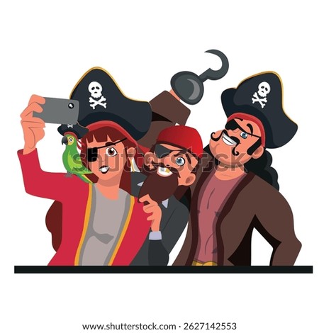 Group of people dressed as pirates taking a selfie, wearing carnival and costume party outfits, vector illustration.