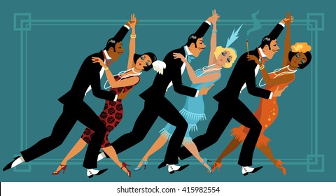 Group of people dressed in retro fashion dancing, EPS 8 vector illustration