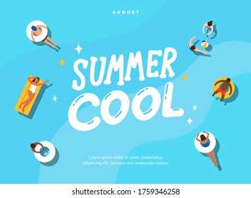 Group of people dressed in swimwear swimming in pool and sunbathing people. Men and women performing summer outdoor water activities. vacation, Top view, trendy style. flat vector illustration.