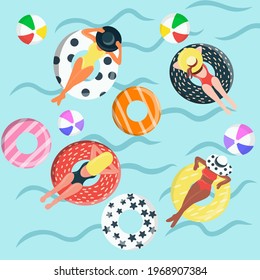 Group of people dressed in swimwear, swimming in pool and sunbathing people. Top view beach background, Pool party, Summer water activities