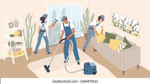 Grupo de personas vestidas con uniforme para la limpieza de la habitación. Equipo de trabajadores de limpieza, limpieza doméstica o dueños de casa aspirando el suelo y la ventana de lavado. Dibujo vectorial plano.