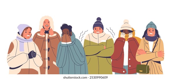 Group Of People Dressed In Winter Outerwear Experiencing Cold Weather. They Are Wearing Coats, Scarves, And Hats