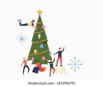 Group of people dressing the New Year tree. Christmas, holiday, party. Merry Christmas concept. Vector illustration for presentation slide, poster, new projects