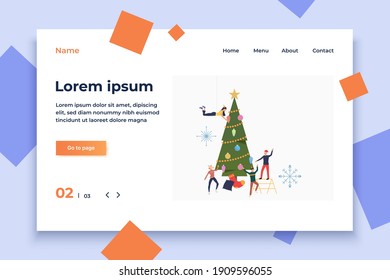 Grupo de personas vistiendo el árbol de Año Nuevo. Navidad, vacaciones, fiesta. Feliz concepto navideño. Ilustración vectorial para diapositivas de presentación, afiches, nuevos proyectos