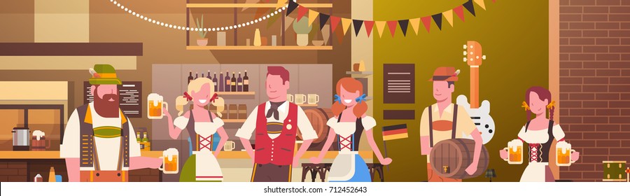 Group Of People Drink Beer In Bar Oktoberfest Party Celebration Man And Woman Wearing Traditional Clothes Fest Concept Flat Vector Illustration