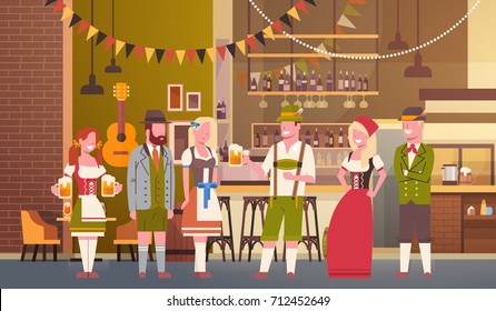 Group Of People Drink Beer In Bar Oktoberfest Party Celebration Man And Woman Wearing Traditional Clothes Fest Concept Flat Vector Illustration