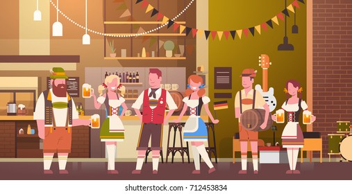 Group Of People Drink Beer In Bar Oktoberfest Party Celebration Man And Woman Wearing Traditional Clothes Fest Concept Flat Vector Illustration