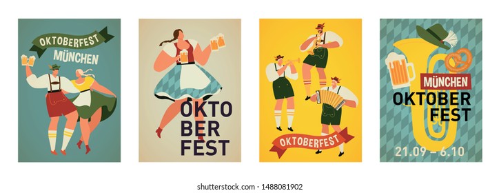 Group Of People Drink Beer Oktoberfest Party Celebration Man And Woman Wearing Traditional Clothes Couples Dance, Musicians Play. Fest Concept Flat Vector Illustration.