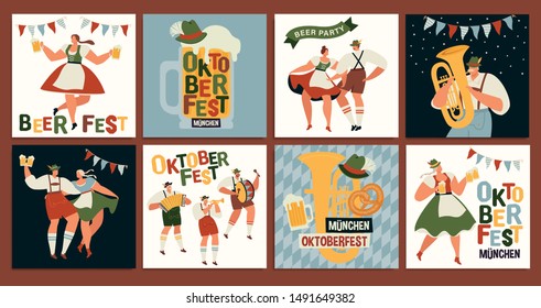 Group Of People Drink Beer Oktoberfest Party Celebration Man And Woman Wearing Traditional Clothes couples dance, musicians play. Fest Concept Flat Vector Illustration.