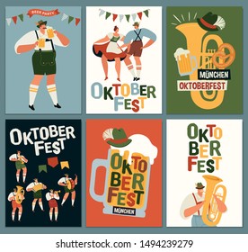 Group Of People Drink Beer Oktoberfest Party Celebration Man And Woman Wearing Traditional Clothes couples dance, musicians play. Fest Concept Flat Vector Illustration.