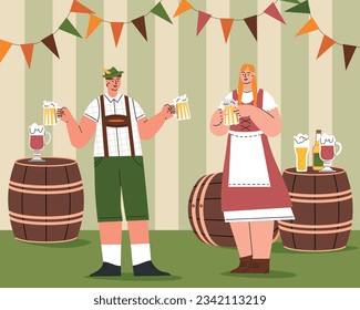  Group Of People Drink Beer Oktoberfest Party .Man And Woman Wearing Traditional German Clothes. Celebration the Oktoberfest Beer Festival. Fest Concept Flat Vector Illustration. Vector illustration