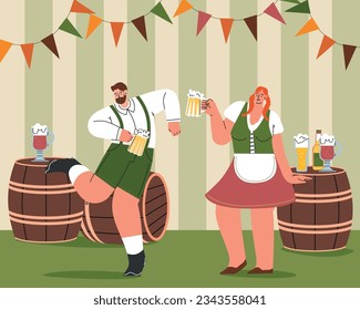  Group Of People Drink Beer Oktoberfest Party .Man And Woman Wearing Traditional German Clothes. Celebration the Oktoberfest Beer Festival. Fest Concept Flat Vector Illustration. Vector illustration