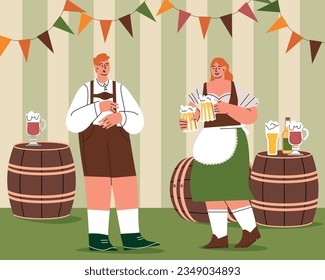  Group Of People Drink Beer Oktoberfest Party .Man And Woman Wearing Traditional German Clothes. Celebration the Oktoberfest Beer Festival. Fest Concept Flat Vector Illustration. Vector illustration