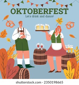  Group Of People Drink Beer Oktoberfest Party .Man And Woman Wearing Traditional Clothes. Celebration the Oktoberfest Beer Festival. Fest Concept Flat Vector Illustration. Vector illustration