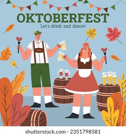  Group Of People Drink Beer Oktoberfest Party .Man And Woman Wearing Traditional Clothes. Celebration the Oktoberfest Beer Festival. Fest Concept Flat Vector Illustration. Vector illustration