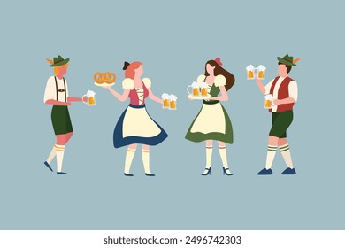 Group of people drink beer oktoberfest party celebration. man and woman wearing traditional clothes. Flat cartoon illustration.