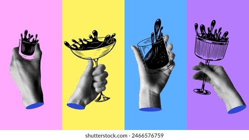 Group of people drink summer cocktails. Halftone hands holding alcoholic and non-alcoholic drinks. People celebrate event together. Modern collage. Newspaper elements. Drinks with splash