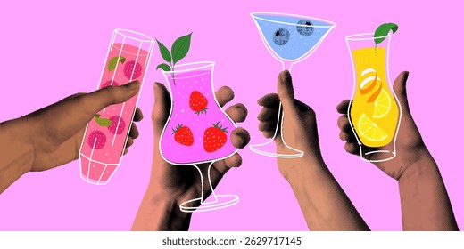 Group people drink summer cocktails. Halftone hands holding alcoholic and non-alcoholic drinks. People celebrate event together. Modern collage. Human hands with cocktails clink glasses