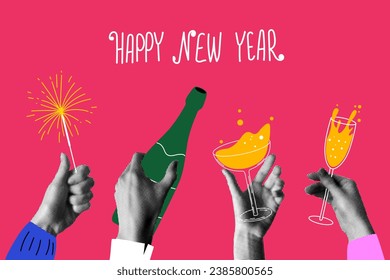 Group people drink wine, champagne. Halftone hands holding glasses, sparklers, bottle of champagne. People celebrate event together. New Year or Christmas party. Modern collage. Newspaper elements