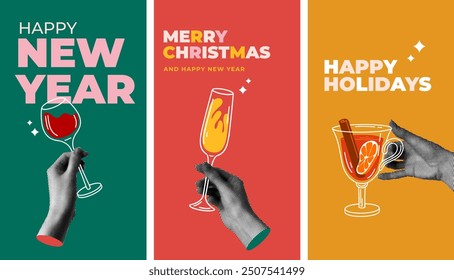 Group people drink winter drinks. Set of templates for social media with human hands holding mulled wine, champagne, red wine. People celebrate Christmas and New Year together. Modern halftone collage