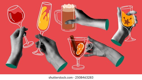 Group people drink winter drinks. Halftone hands holding mulled wine, champagne, red wine, mug of cocoa. People celebrate event together. Modern collage. Newspaper elements