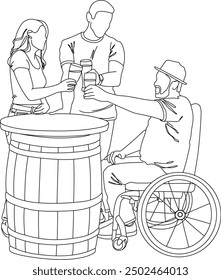 Group Of people Drinking Beer outline vector illustration. Hold Glasses Doodle Men on wheelchair, men standing and woman In Pub Or Bar Concept Toasting Party Or Celebration Vector Illustration