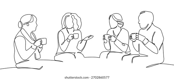A group of people are drinking tea, one line continuously. in simple linear style Vector illustration in doodle style.