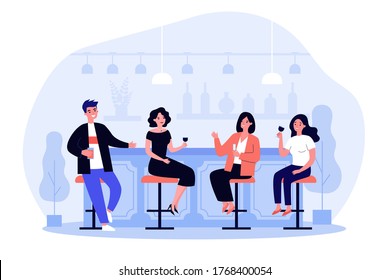 Group of people drinking wine and beer in pub. Cheerful men and women sitting at bar counter with wineglasses and talking. Vector illustration for alcohol, celebration, leisure concept