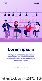 Group of people drinking wine and beer in pub. Cheerful men and women sitting at bar counter with wineglasses and talking. Vector illustration for alcohol, celebration, leisure concept