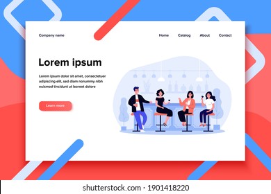 Group of people drinking wine and beer in pub. Cheerful men and women sitting at bar counter with wineglasses and talking. Vector illustration for alcohol, celebration, leisure concept