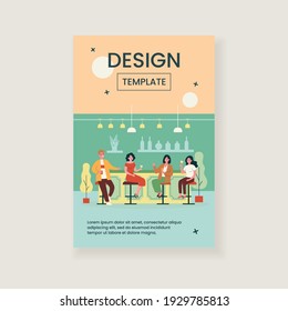 Group of people drinking wine and beer in pub. Cheerful men and women sitting at bar counter with wineglasses and talking. Vector illustration for alcohol, celebration, leisure concept
