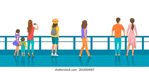 Group of people during walk back view. Characters stand near fence looking into distance. Parents and children spending time outdoors together, looking at something distant, taking pictures