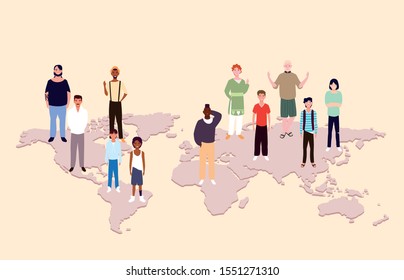 group of people with earth map vector illustration design