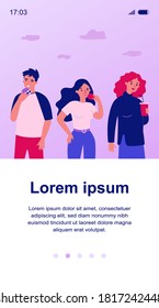Group of people eating fast food outside. Takeaway drink, burger, snack flat vector illustration. Unhealthy habit, risk, lifestyle concept for banner, website design or landing web page