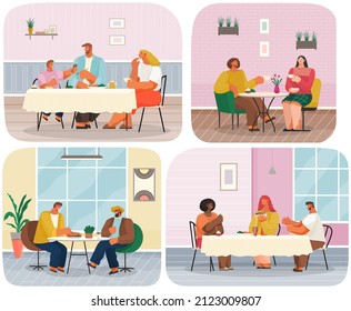 Group of people eating and talking in restaurant or cafe scenes set. Happy family, parents with children, group of people, man and woman visitors in coffee room, business partners informal meeting