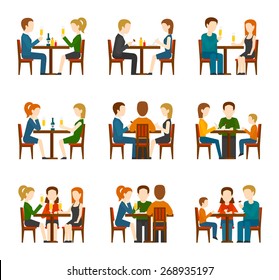 Group of people eating and talking in restaurant or cafe flat icons set isolated vector illustration