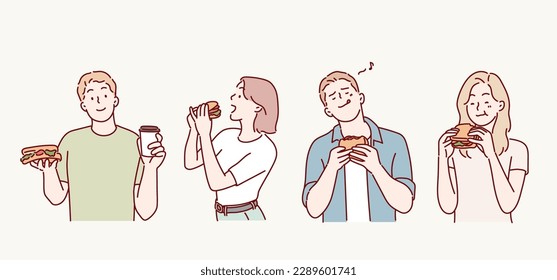 Group of people eating tasty sandwiches. Hand drawn style vector design illustrations.