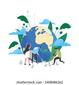 Group of people or ecologists taking care of Earth and saving planet. Environmental protection, use of eco friendly or sustainable technology, green renewable energy. Flat vector illustration.