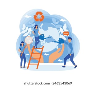 Group of people or ecologists taking care of Earth for web banner, infographics, mobile website. Environmental protection, renewable energy. flat vector modern illustration 