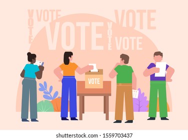 Group of people at election putting their vote papers in the voting box. Poster for social media, web page, banner, presentation. Flat design vector illustration