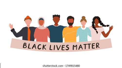 Group of people embracing each other with "Black lives matter" lettering. Vector hand drawn character illustration.